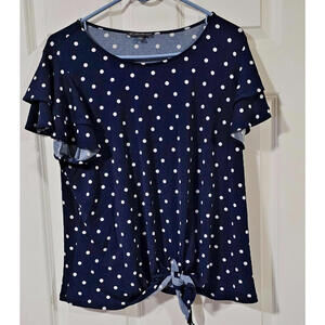 Adrianna Papell   Navy & White Polka Dot Ruffle Short Sleeves Top size L
